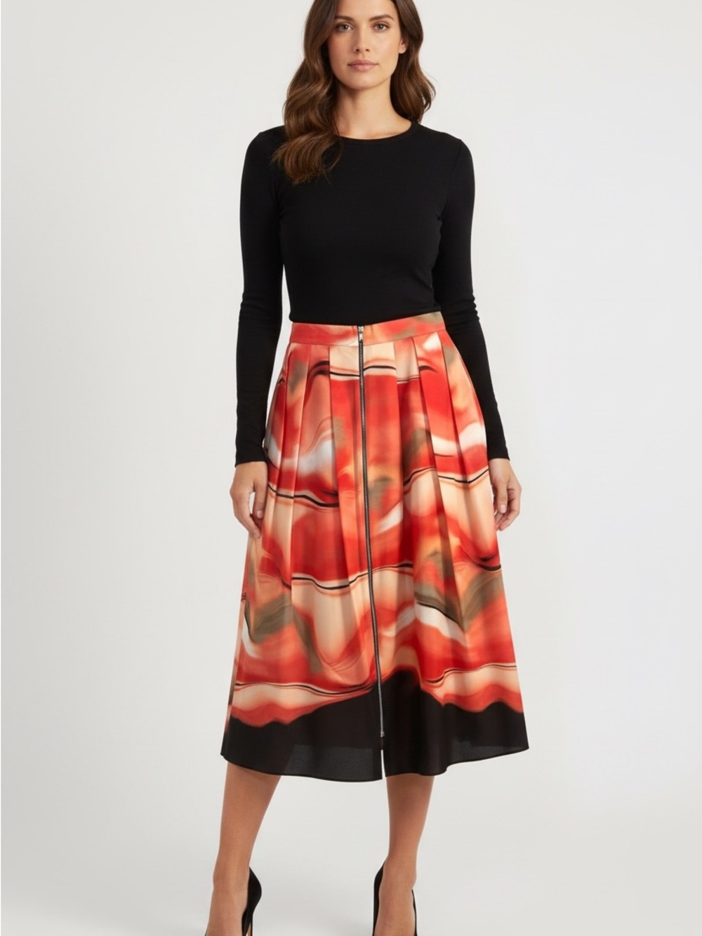 DKNY Coral Wave-Print Midi Skirt with Front Zip